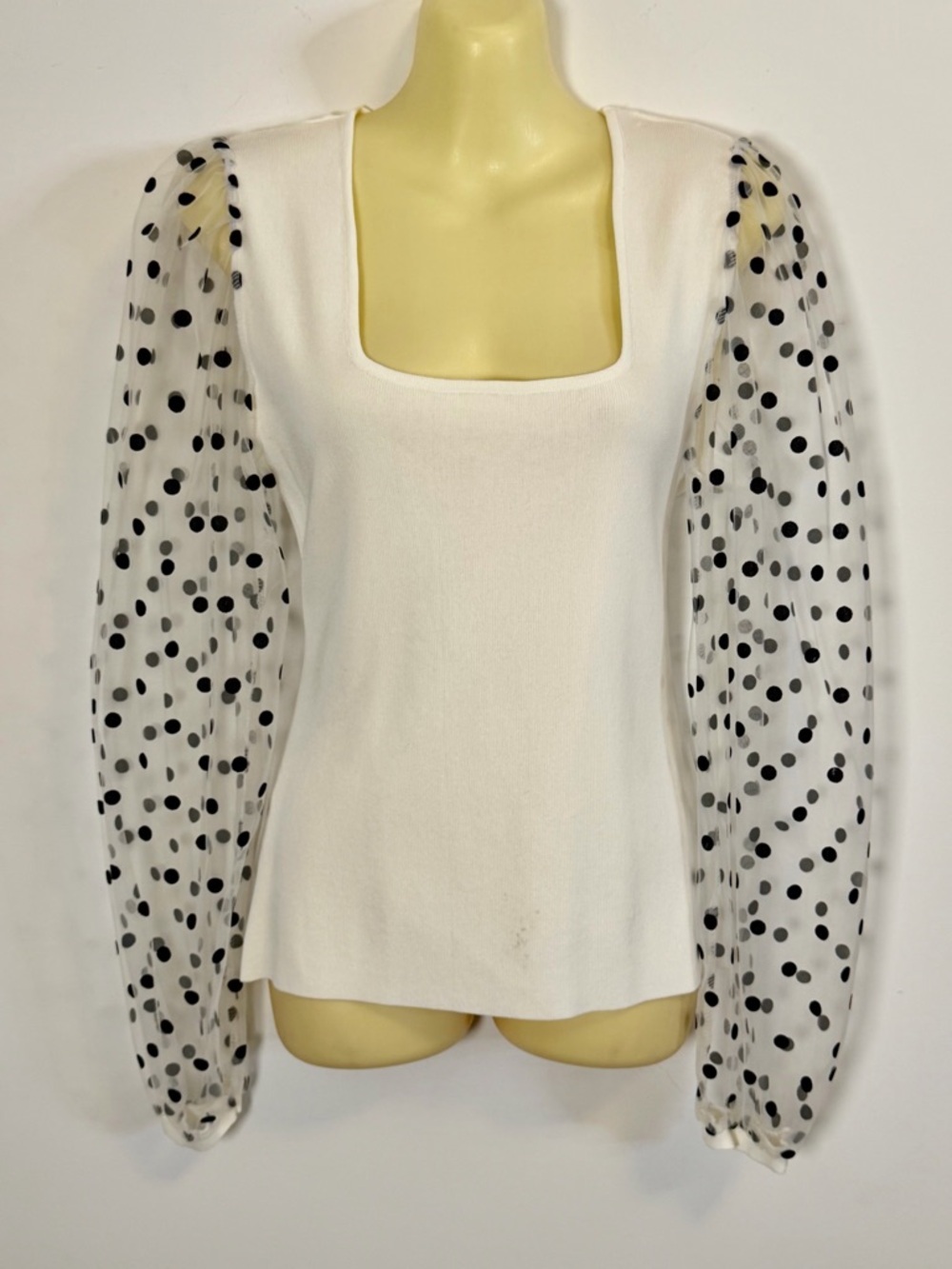 ee:some White Square Neck Top with Polka Dot Sheer Sleeves